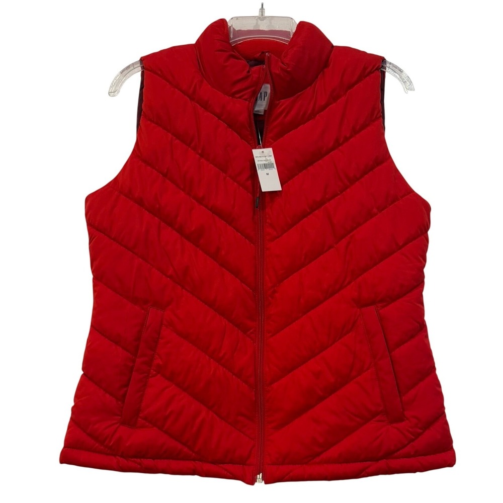 Gap Womens Red Chevron Quilted Puffer Vest Full Zip Stand Collar Medium NEW